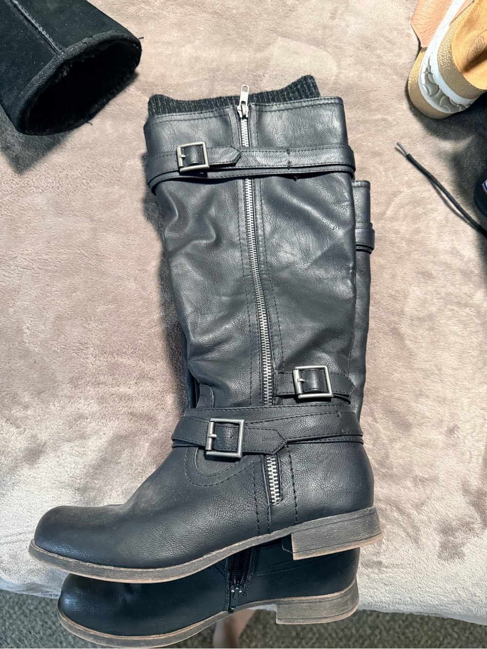 JustFab Black Lace-Up Mid-Calf Buckle Boots with Side Zipper